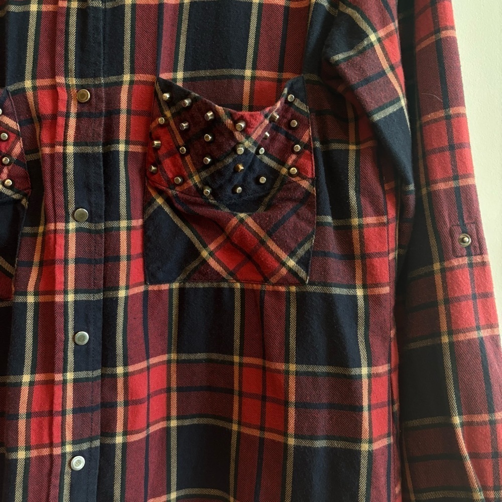 Zara Woman Red Plaid Studded Snap Button Flannel Shirt Medium Western Cowgirl - Picture 2 of 7